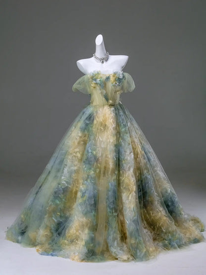 Green Off the Shoulder Floral Formal Dress - CQ0133-Couture Gown 2025 -Viniodress-Green-Custom Size-