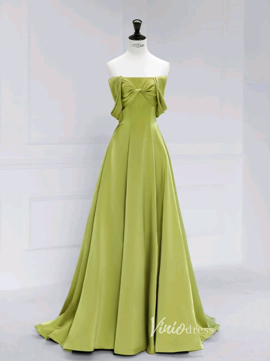 Green Off the Shoulder Prom Dresses Bow-Tie Satin Formal Dress AD1038-prom dresses 2025 -Viniodress-Green-Custom Size-