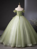 Prom Dress 2025 Green Off the Shoulder Tulle Prom Ball Gown Flower Quinceanera Dresses BG041-unique prom dresses-Green-Custom Size-Viniodress