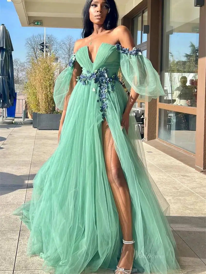 Green Off the Shoulder Tulle Prom Dresses with Slit, Puffed Sleeve & F Viniodress Green Off the Shoulder Tulle Prom Dresses with Slit, Puffed Sleeve & F Viniodress