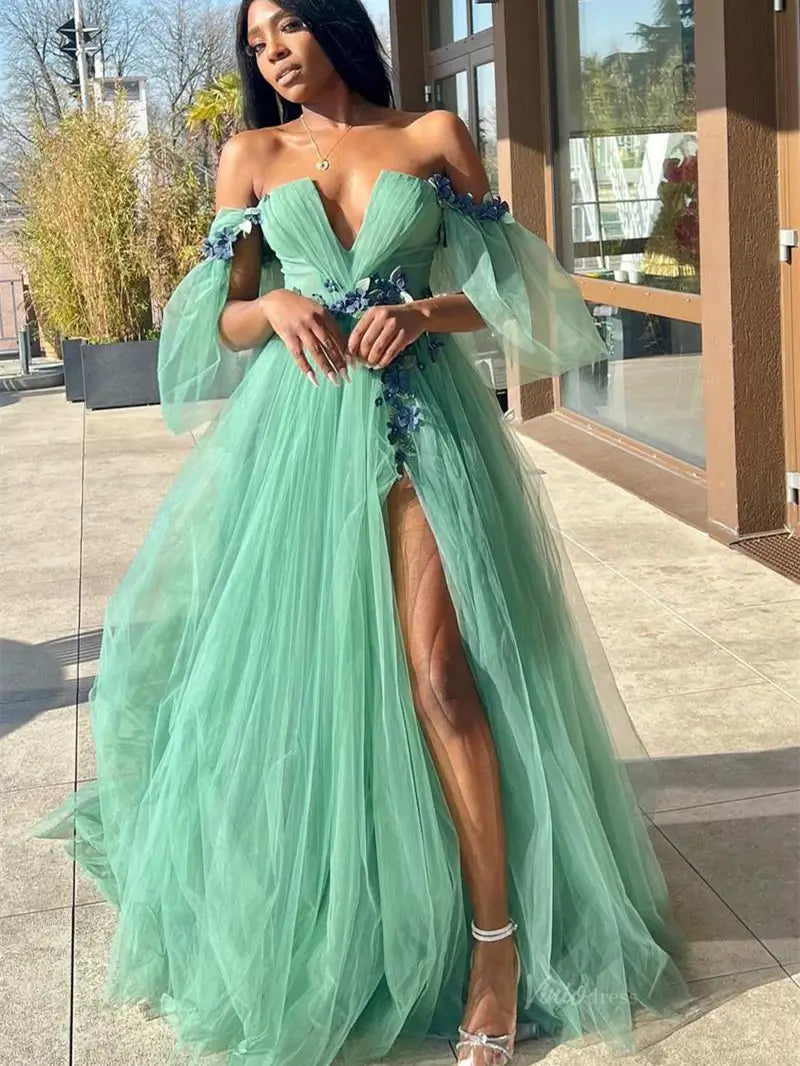 prom dresses 2025 Green Off the Shoulder Tulle Prom Dresses with Slit, Puffed Sleeve & Floral Lace - FD5104-plus size wedding dresses Viniodress-Green-Custom Size-