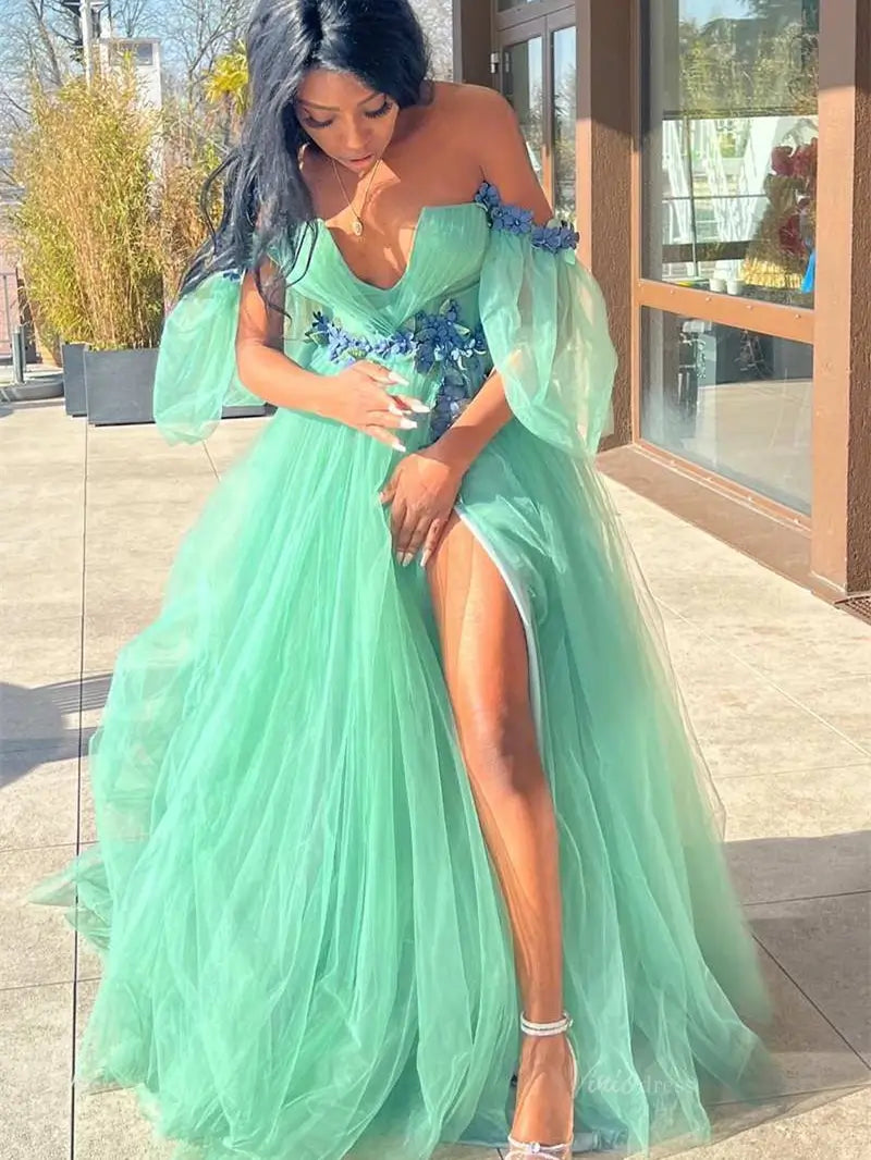 prom dresses 2025 Green Off the Shoulder Tulle Prom Dresses with Slit, Puffed Sleeve & Floral Lace - FD5104-plus size wedding dresses Viniodress-Green-Custom Size-