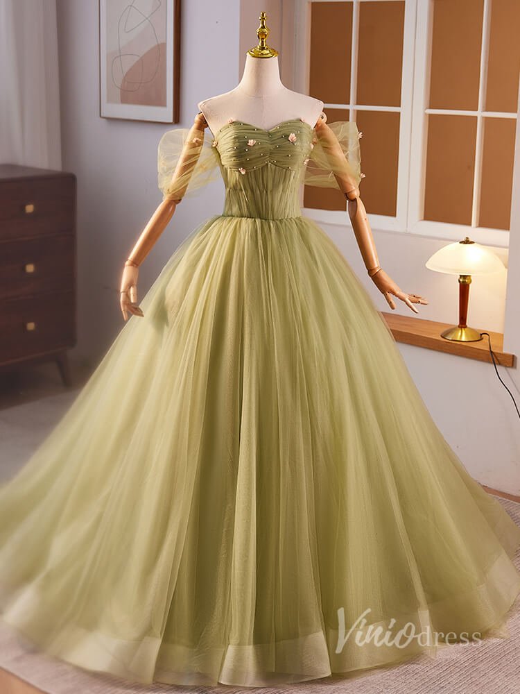 Green Off the Shouler Tulle Prom Dresses 2024 Pleated 3D Flower Bodice 90024-prom dresses 2025 -Viniodress-Green-Custom Size-