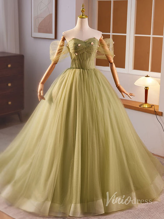 Green Off the Shouler Tulle Prom Dresses 2024 Pleated 3D Flower Bodice 90024-prom dresses 2025 -Viniodress-Green-Custom Size-
