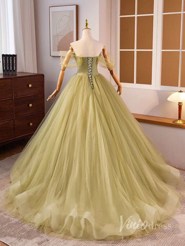 Green Off the Shouler Tulle Prom Dresses 2024 Pleated 3D Flower Bodice 90024-prom dresses 2025 -Viniodress-Green-Custom Size-