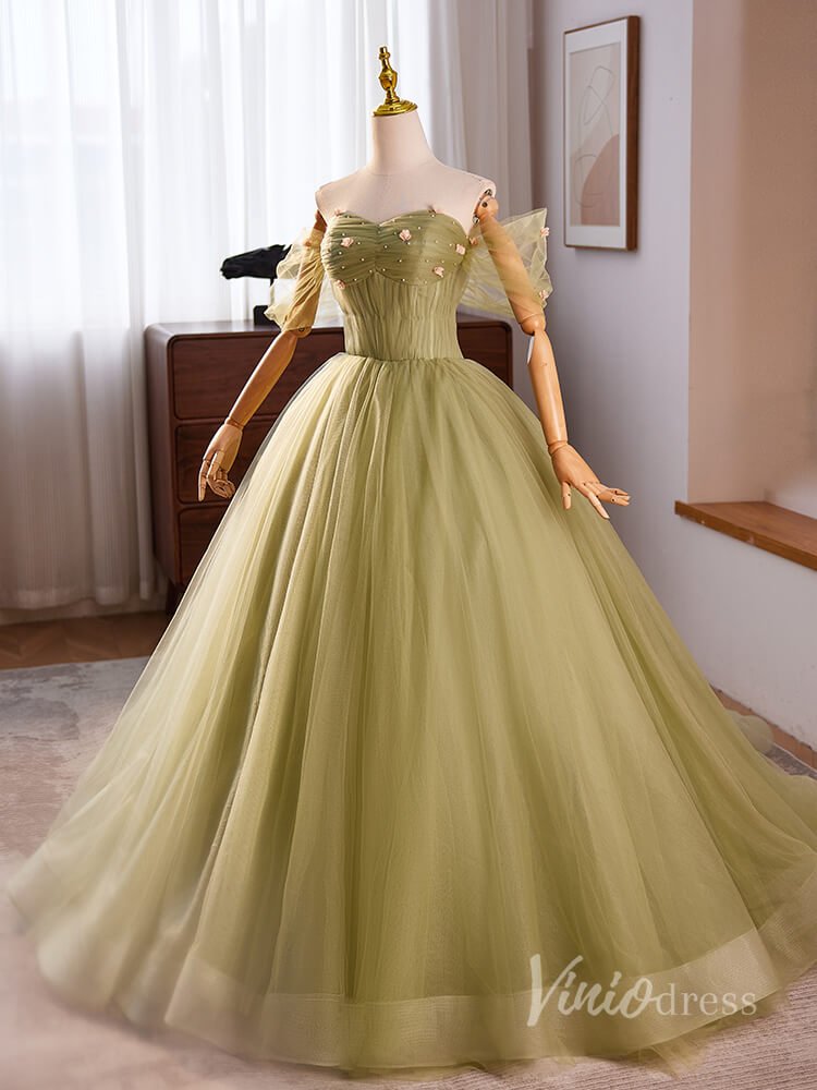 Green Off the Shouler Tulle Prom Dresses 2024 Pleated 3D Flower Bodice 90024-prom dresses 2025 -Viniodress-Green-Custom Size-