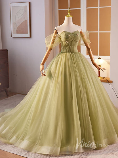 Green Off the Shouler Tulle Prom Dresses 2024 Pleated 3D Flower Bodice 90024-prom dresses 2025 -Viniodress-Green-Custom Size-