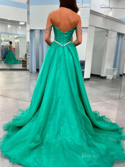 Green Organza Prom Dresses with Slit, Pockets & Basque Waistline - FD5122-prom dresses 2025 -Viniodress-Green-Custom Size-