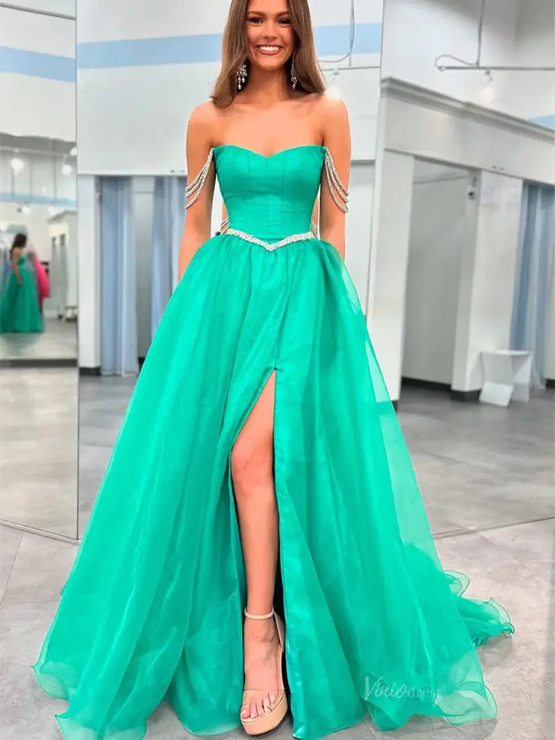 Green Organza Prom Dresses with Slit, Pockets & Basque Waistline - FD5122-prom dresses 2025 -Viniodress-Green-Custom Size-