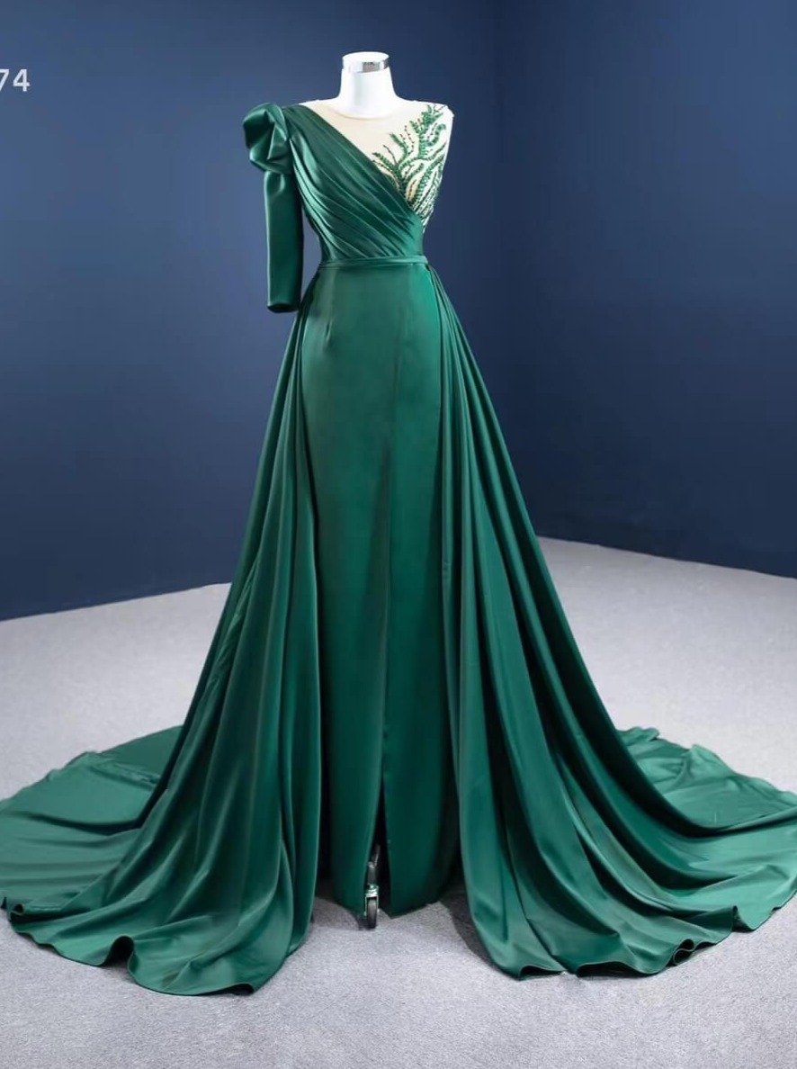 Green Overskirt Prom Dresses with One Shoulder Long Sleeve 67274 viniodress-prom dresses 2025 -Viniodress-Emerald Green-Custom Size-
