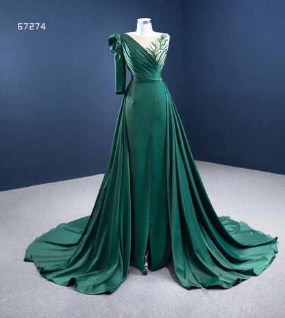 Green Overskirt Prom Dresses with One Shoulder Long Sleeve 67274 viniodress-prom dresses 2025 -Viniodress-Emerald Green-Custom Size-