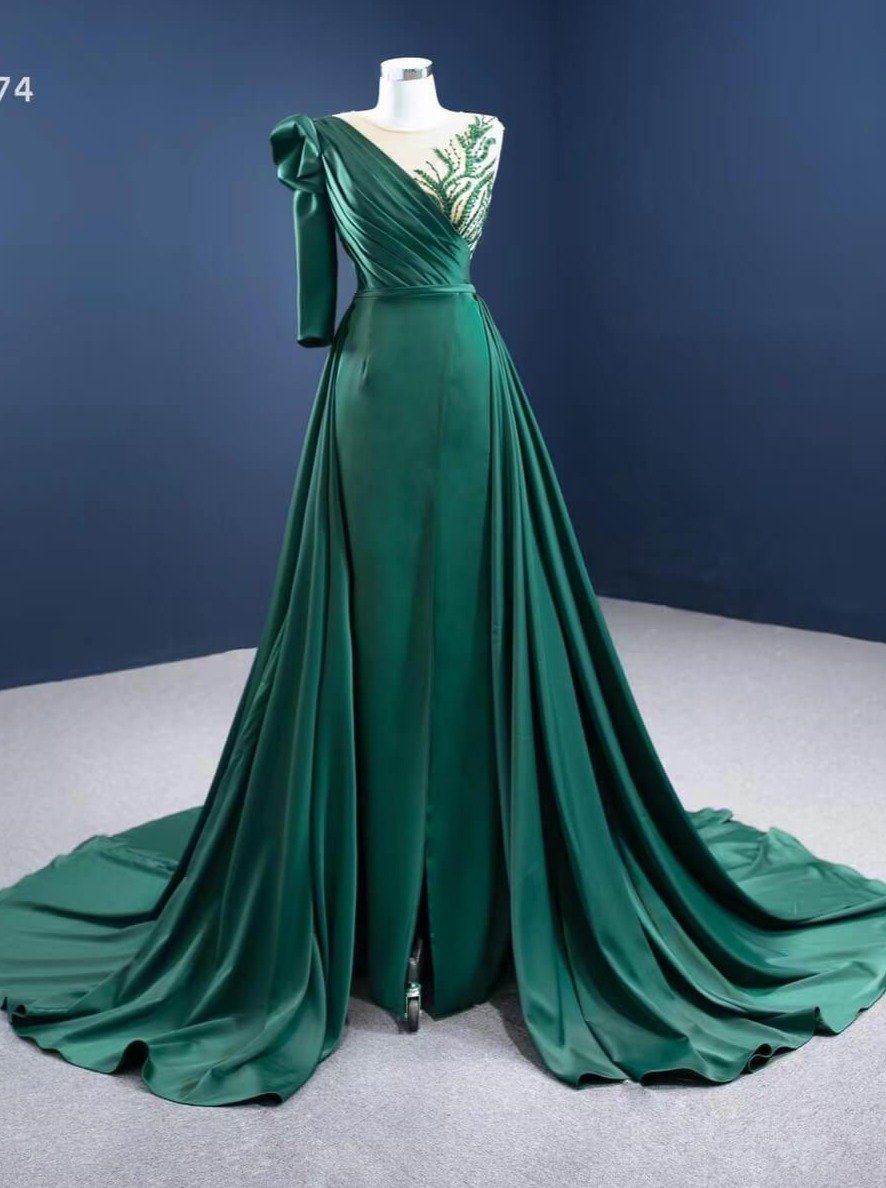 Prom Dress 2025 Green Overskirt Prom Dresses with One Shoulder Long Sleeve 67274 viniodress-unique prom dresses-Emerald Green-Custom Size-Viniodress