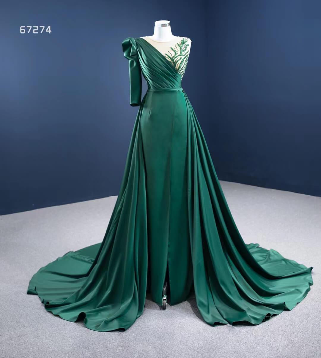 Prom Dress 2025 Green Overskirt Prom Dresses with One Shoulder Long Sleeve 67274 viniodress-unique prom dresses-Emerald Green-Custom Size-Viniodress