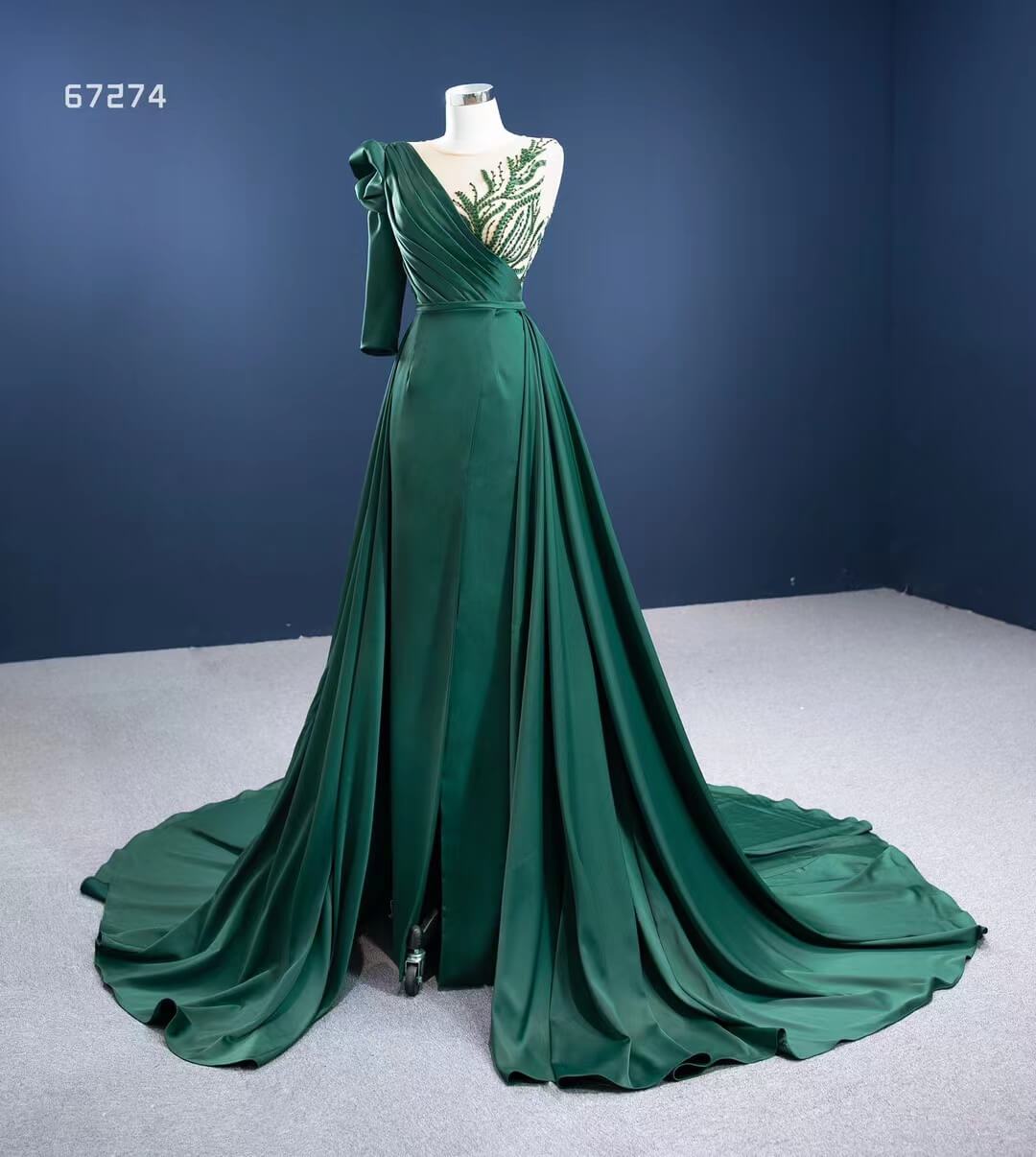 Prom Dress 2025 Green Overskirt Prom Dresses with One Shoulder Long Sleeve 67274 viniodress-unique prom dresses-Emerald Green-Custom Size-Viniodress