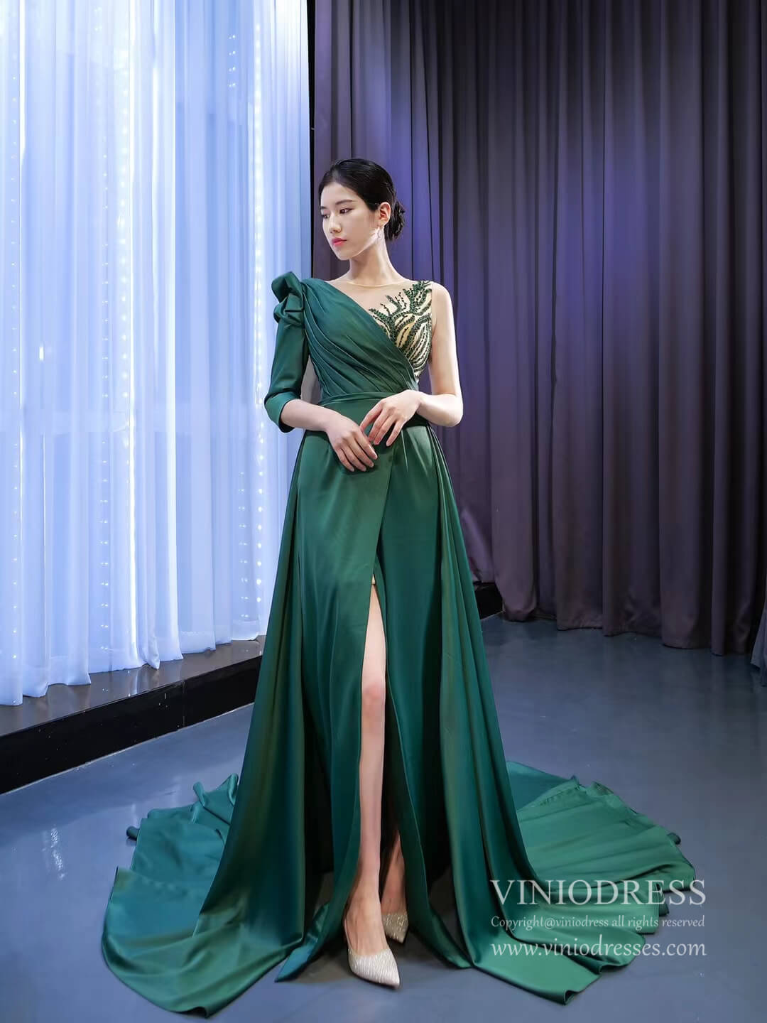 Prom Dress 2025 Green Overskirt Prom Dresses with One Shoulder Long Sleeve 67274 viniodress-unique prom dresses-Emerald Green-Custom Size-Viniodress