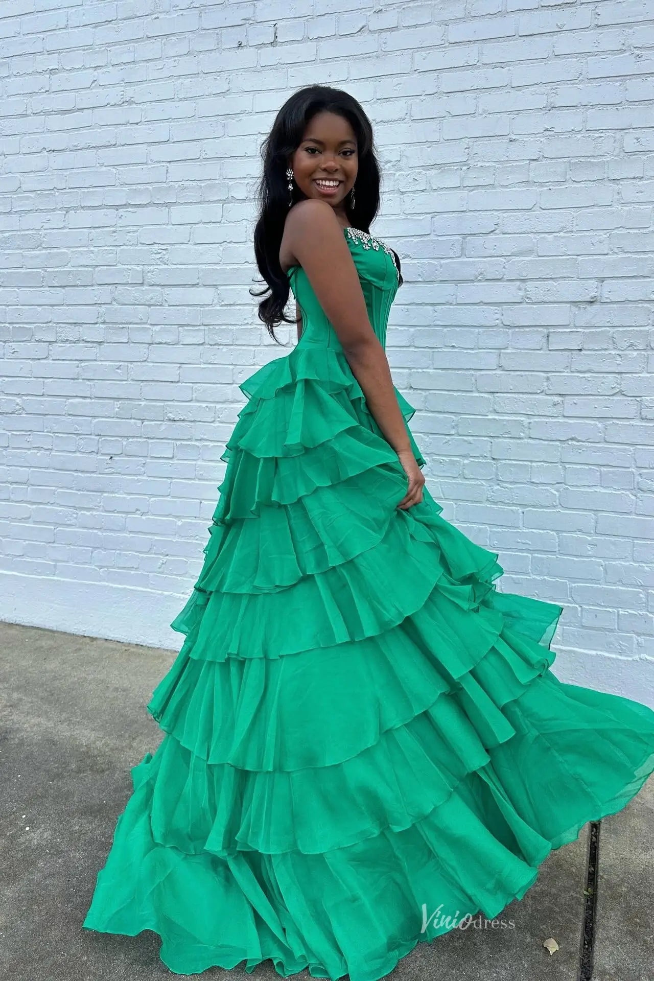 Green Ruffle Prom Dress with Crystal Strapless Neckline RF313 Viniodress Green Ruffle Prom Dress with Crystal Strapless Neckline RF313 Viniodress