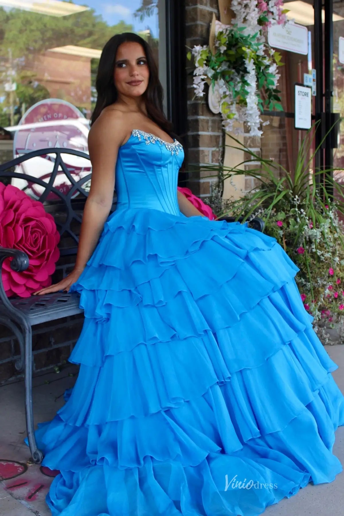 Green Ruffle Prom Dress with Crystal Strapless Neckline RF313 Viniodress Green Ruffle Prom Dress with Crystal Strapless Neckline RF313 Viniodress