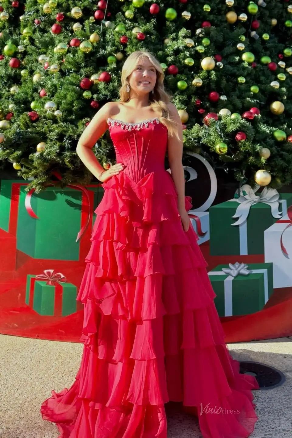 Green Ruffle Prom Dress with Strapless Crystal Neckline & Corset Bodice – RF313-prom dresses 2026-Viniodress-Red-Custom Size – Add Measurements in Cart-