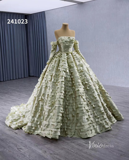 Green Ruffled Off the Shoulder Wedding Dresses Removable Sleeve Quinceanera Dress 241023-Quinceanera Dresses 2025 -Viniodress-Green-Custom Size-
