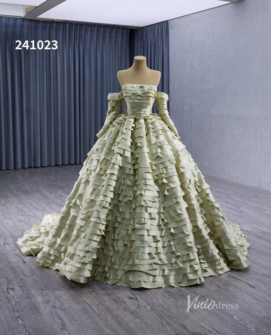 Green Ruffled Off the Shoulder Wedding Dresses Removable Sleeve Quinceanera Dress 241023-Quinceanera Dresses 2025 -Viniodress-Green-Custom Size-