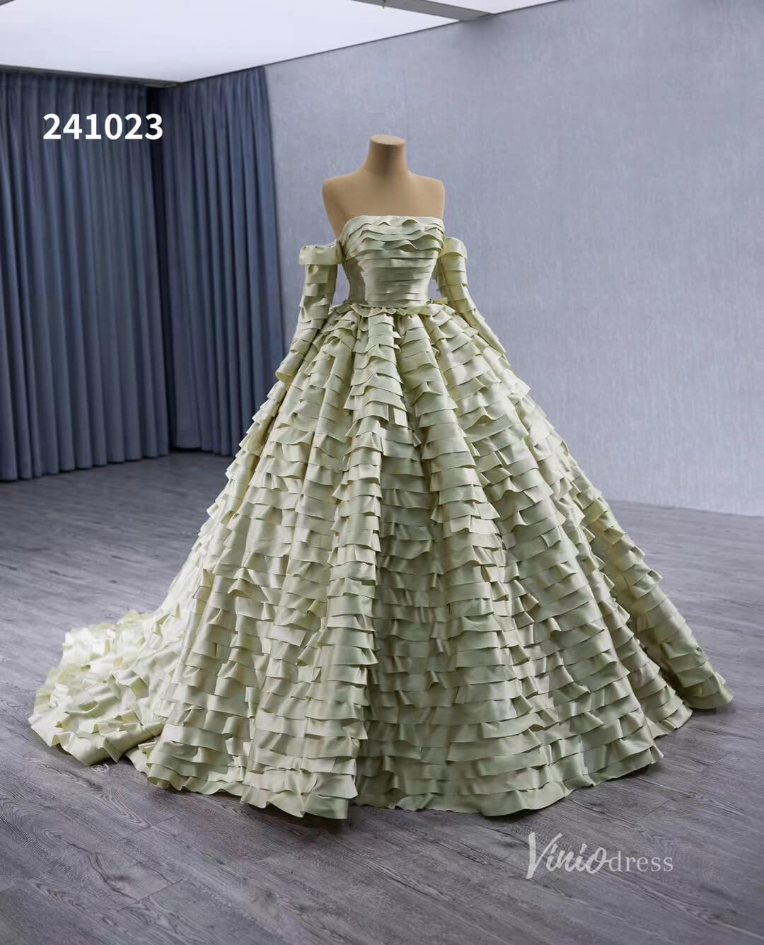 Green Ruffled Off the Shoulder Wedding Dresses Removable Sleeve Quinceanera Dress 241023 - ViniodressQuinceanera DressesGreenCustom Size - Formal Dresses - Ball Gowns