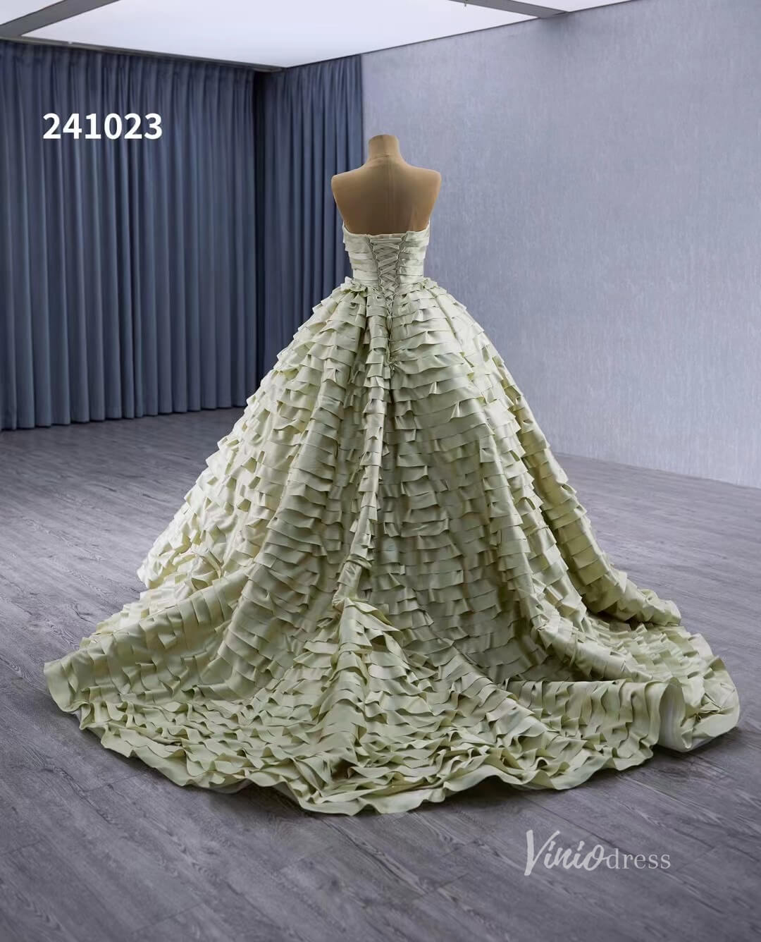 Green Ruffled Off the Shoulder Wedding Dresses Removable Sleeve Quinceanera Dress 241023 - ViniodressQuinceanera DressesGreenCustom Size - Formal Dresses - Ball Gowns