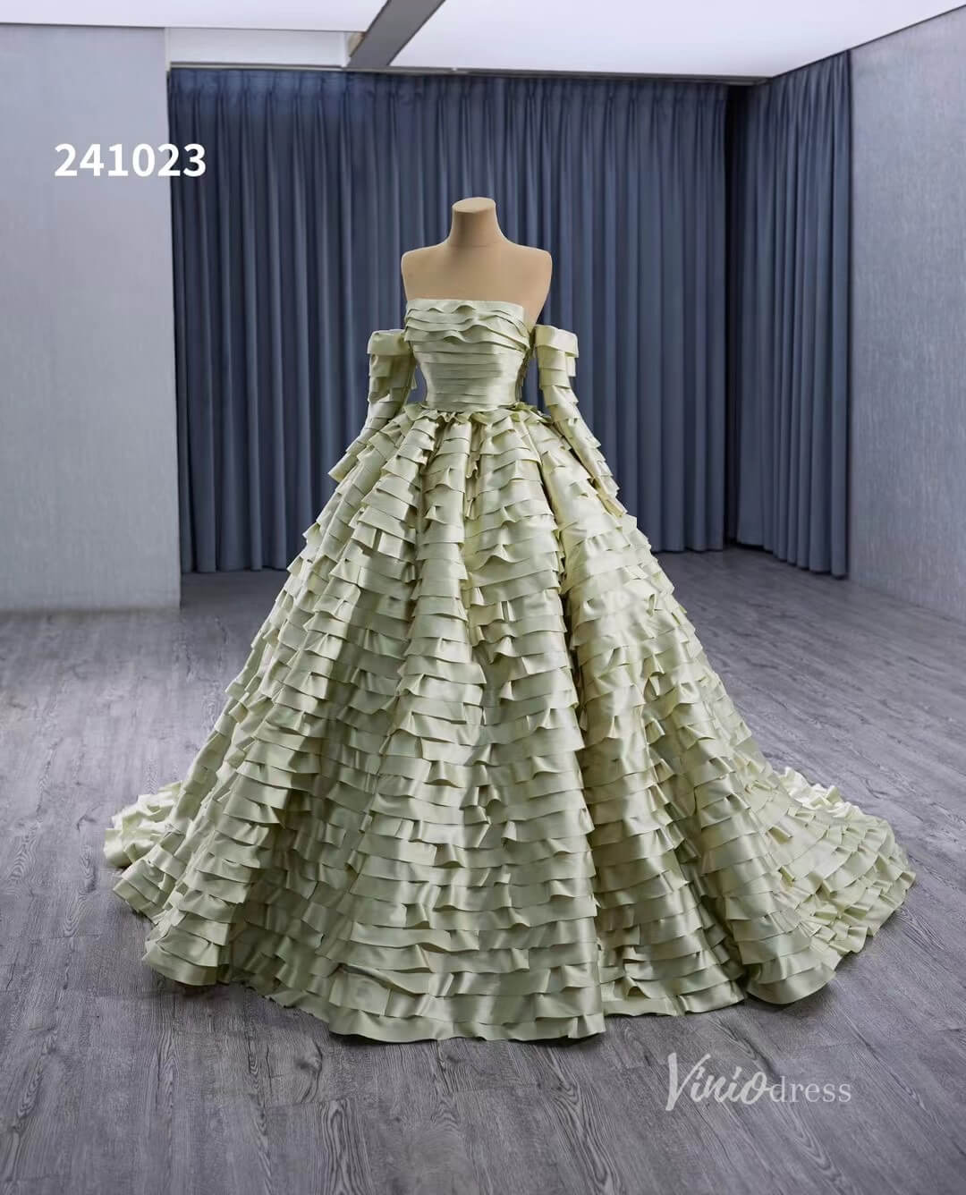 Green Ruffled Off the Shoulder Wedding Dresses Removable Sleeve Quinceanera Dress 241023 - ViniodressQuinceanera DressesGreenCustom Size - Formal Dresses - Ball Gowns