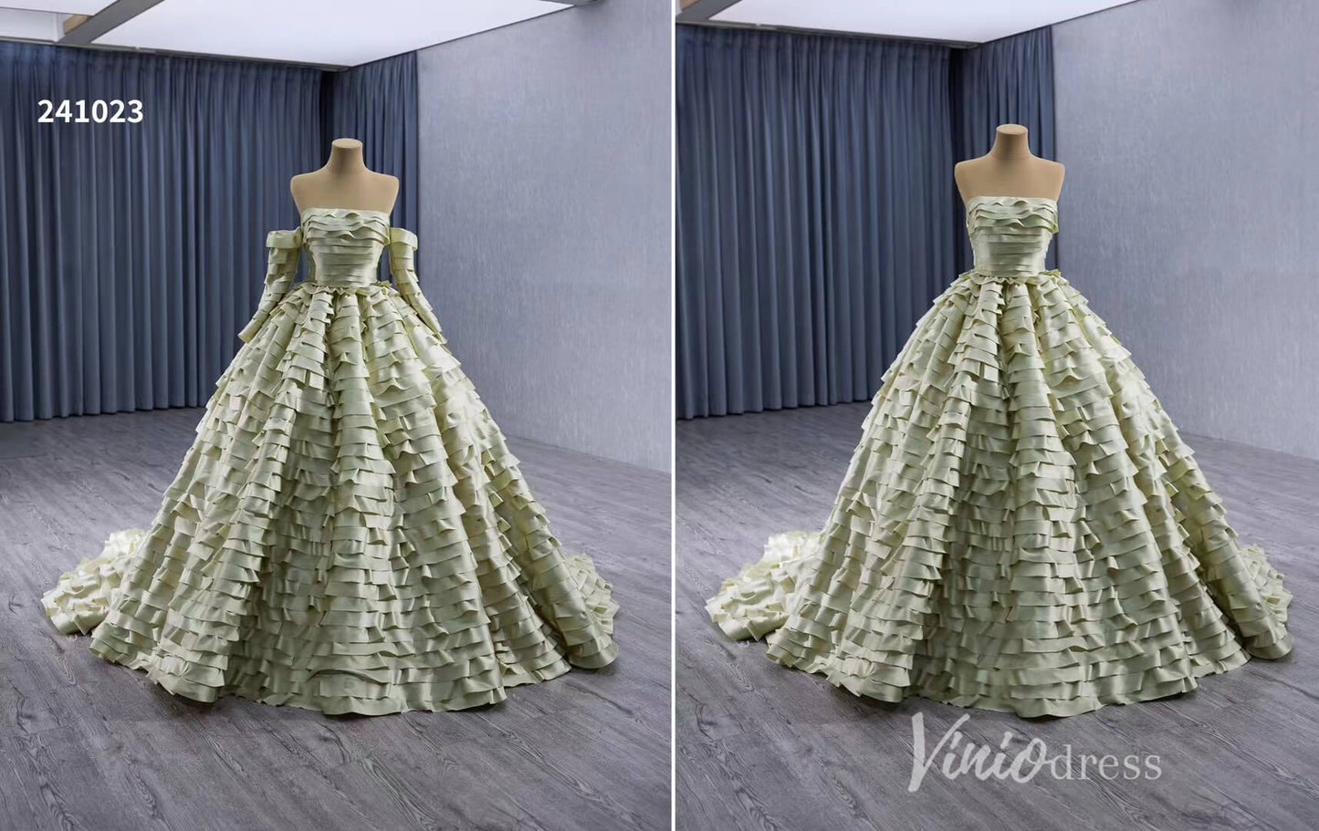 Green Ruffled Off the Shoulder Wedding Dresses Removable Sleeve Quinceanera Dress 241023 - ViniodressQuinceanera DressesGreenCustom Size - Formal Dresses - Ball Gowns