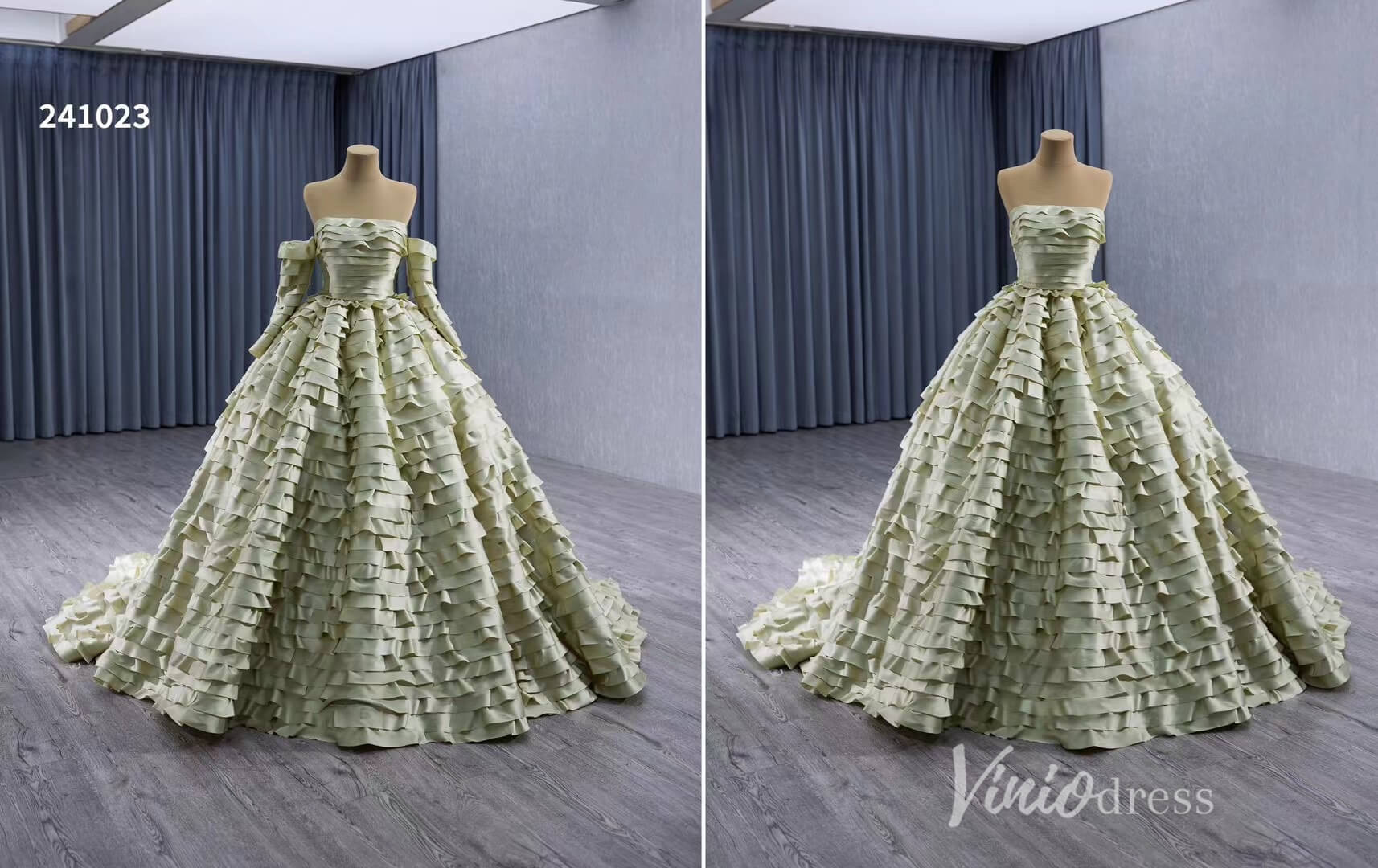 Green Ruffled Off the Shoulder Wedding Dresses Removable Sleeve Quinceanera Dress 241023 - ViniodressQuinceanera DressesGreenCustom Size - Formal Dresses - Ball Gowns