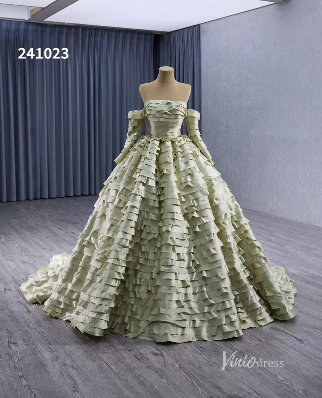 Green Ruffled Off the Shoulder Wedding Dresses Removable Sleeve Quinceanera Dress 241023 - ViniodressQuinceanera DressesGreenCustom Size - Formal Dresses - Ball Gowns