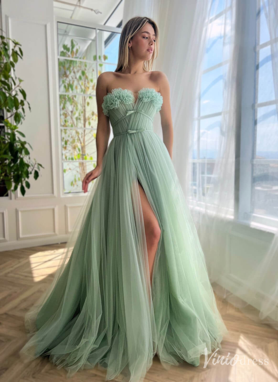 Green Ruffled Strapless Prom Dresses with Slit Pleated Bodice Formal Dress with Pockets TO029-prom dresses-Viniodress-Green-Custom Size-Viniodress