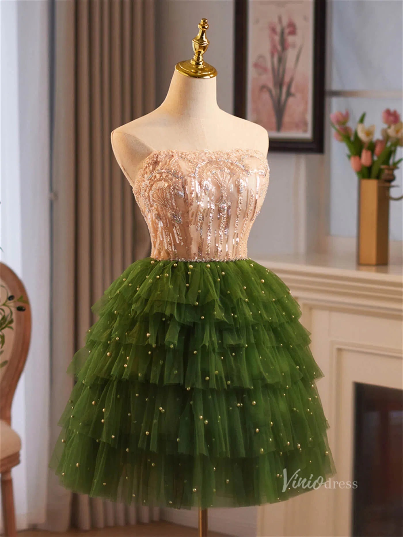 Green Ruffled Tiered Homecoming Dresses Strapless Lace Short Prom Dress BJ067-prom dresses 2025 -Viniodress-Green-Custom Size-