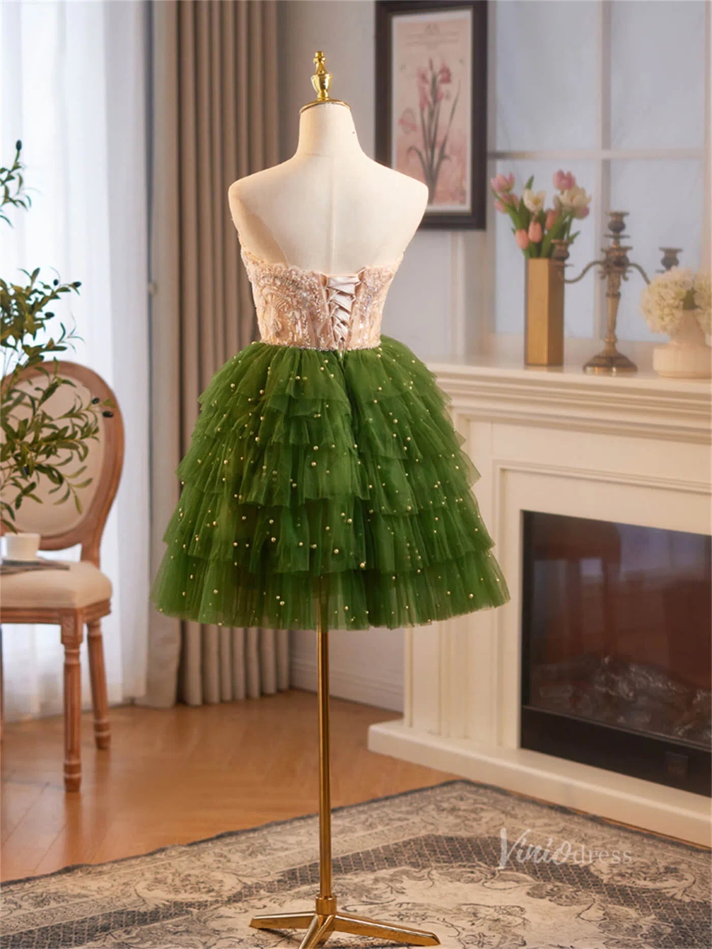 Green Ruffled Tiered Homecoming Dresses Strapless Lace Short Prom Dress BJ067-prom dresses 2025 -Viniodress-Green-Custom Size-