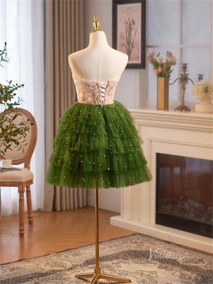 Green Ruffled Tiered Homecoming Dresses Strapless Lace Short Prom Dress BJ067-prom dresses 2025 -Viniodress-Green-Custom Size-