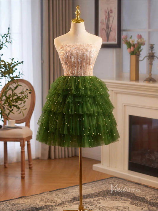 Green Ruffled Tiered Homecoming Dresses Strapless Lace Short Prom Dress BJ067-prom dresses 2025 -Viniodress-Green-Custom Size-