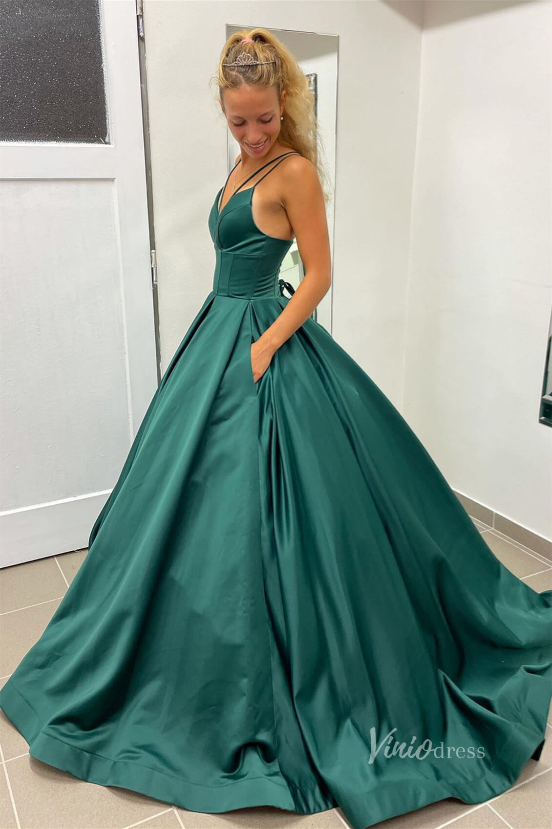 Green Satin Cheap Prom Dresses Spaghetti Strap Corset Back FD3992-prom dresses-Viniodress-Viniodress