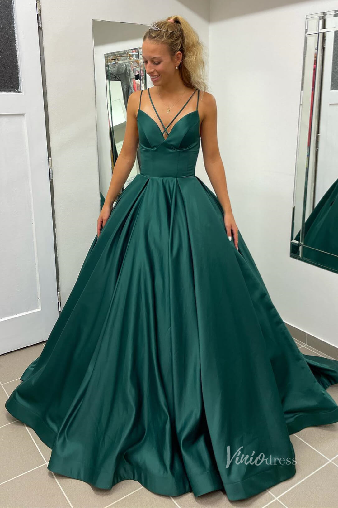 Green Satin Cheap Prom Dresses Spaghetti Strap Corset Back FD3992-prom dresses-Viniodress-Green-Custom Size-Viniodress
