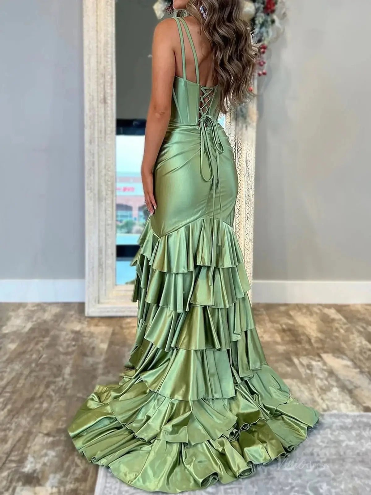 Green Satin Mermaid Prom Dresses 2025 with V - Neck, Slit, Ruffle & Spaghetti Strap – FD5092 - Viniodressprom dressesGreenCustom Size - Formal Dresses - Ball Gowns