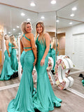 Green Satin Mermaid Prom Dresses Spaghetti Strap Evening Dress FD3643-prom dresses-Viniodress-Viniodress