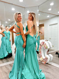 Green Satin Mermaid Prom Dresses Spaghetti Strap Evening Dress FD3643-prom dresses-Viniodress-Viniodress