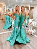 Green Satin Mermaid Prom Dresses Spaghetti Strap Evening Dress FD3643