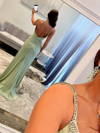Green Satin Mermaid Prom Dresses with Slit, Bow, Spaghetti Straps & Beaded V-Neck - FD6012-prom dresses 2025 -Viniodress-Green-Custom Size-