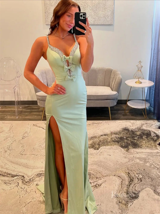 Green Satin Mermaid Prom Dresses with Slit, Bow, Spaghetti Straps & Beaded V-Neck - FD6012-prom dresses 2025 -Viniodress-Green-Custom Size-