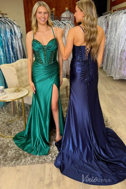 Green Satin Prom Dress with Sequin Corset Bodice, Spaghetti Straps, Draped Waist and Slit – SS040-prom dresses 2025 -Viniodress-Custom Colors-Custom Size-