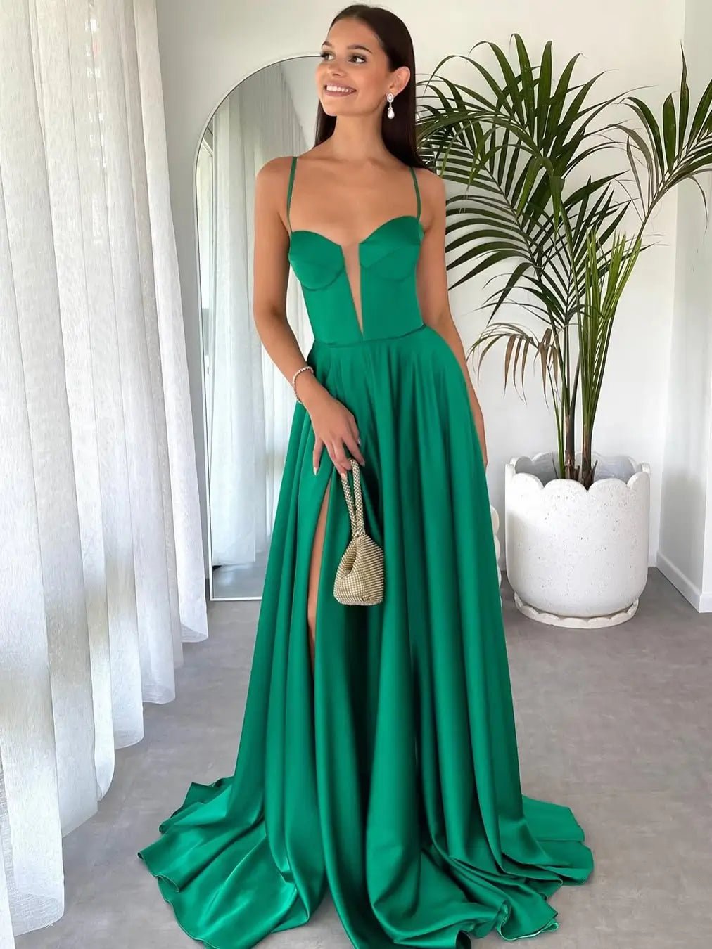 Green Satin Prom Dress with Spaghetti Straps, Plunging V-Neck & Slit - FD6087-prom dresses 2025 -Viniodress-Green-Custom Size-