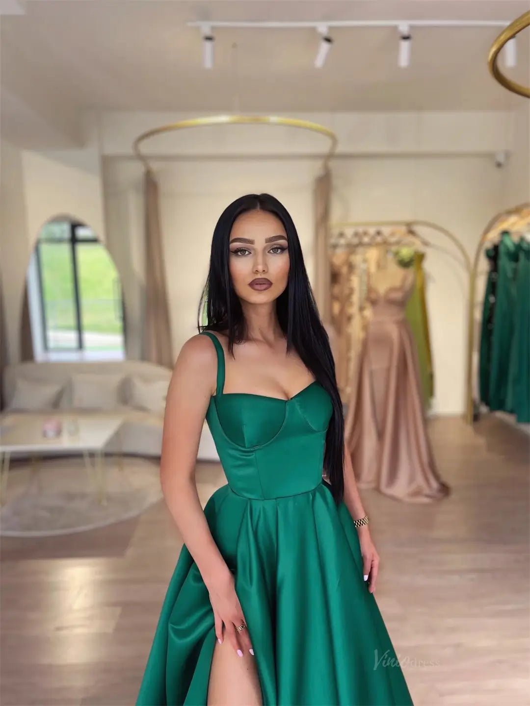 Green Satin Prom Dresses 2025 Spaghetti Strap Formal Dress with High Slit FD5229-prom dresses 2025 -Viniodress-Green-Custom Size-