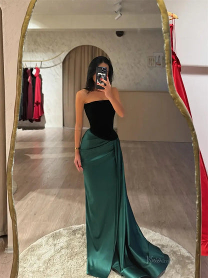 Green Satin Prom Dresses 2025 Strapless Formal Dresses with Slit FD5232-prom dresses 2025 -Viniodress-Green-Custom Size-