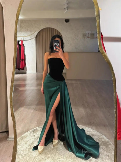 Green Satin Prom Dresses 2025 Strapless Formal Dresses with Slit FD5232-prom dresses 2025 -Viniodress-Green-Custom Size-