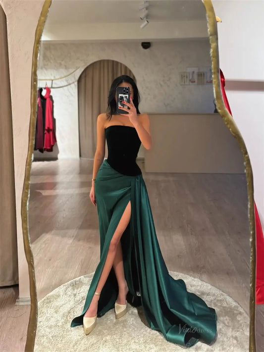 Green Satin Prom Dresses 2025 Strapless Formal Dresses with Slit FD5232-prom dresses 2025 -Viniodress-Green-Custom Size-
