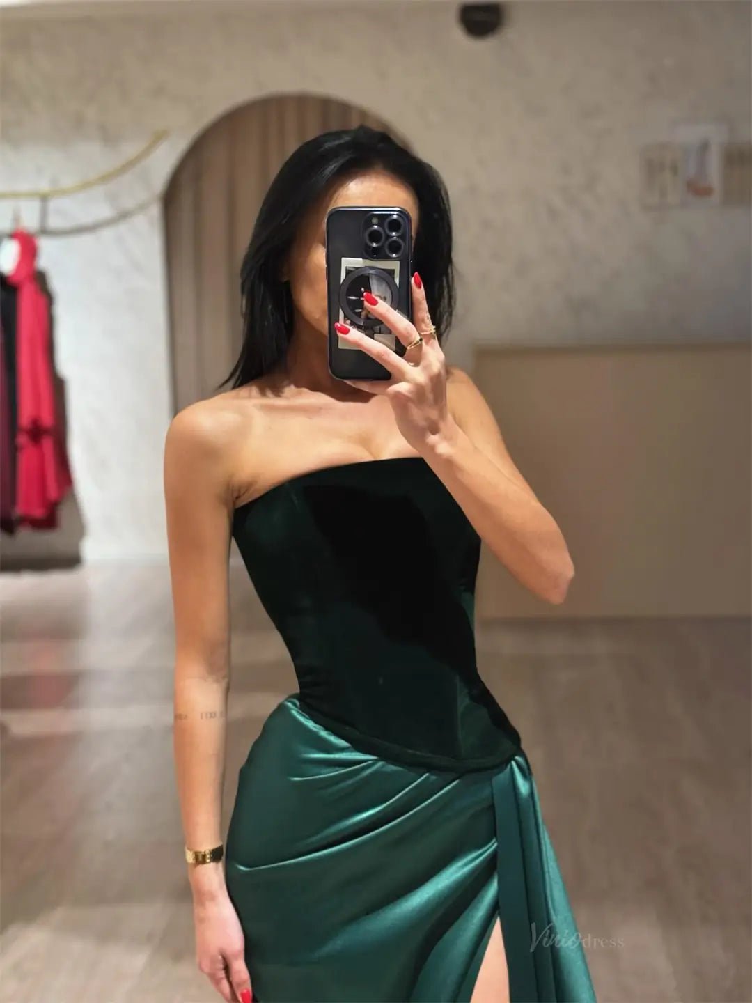 Green Satin Prom Dresses 2025 Strapless Formal Dresses with Slit FD5232-prom dresses 2025 -Viniodress-Green-Custom Size-